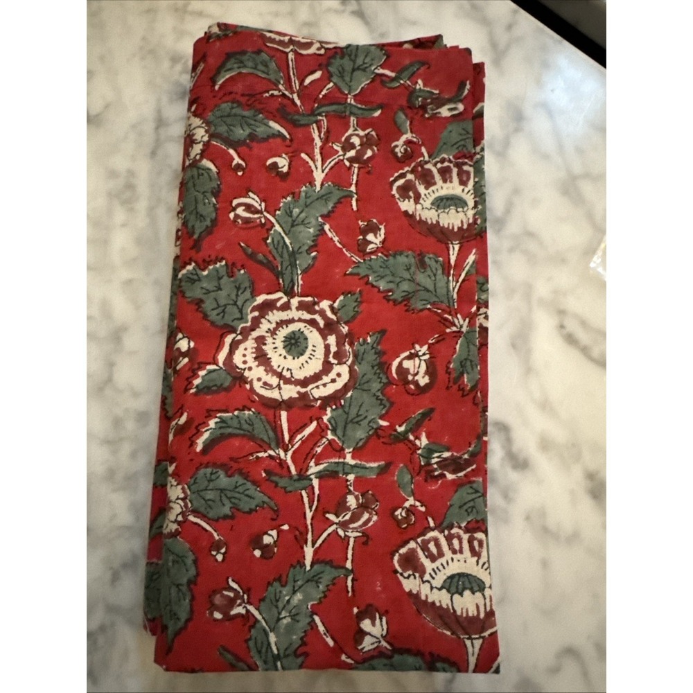 Pottery Barn Cameron Block Print Cotton Napkins Set of 4 Red Multicolor NWT